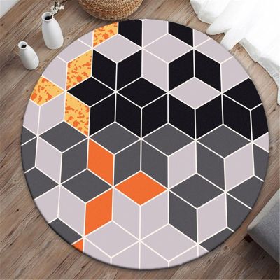 Highdi Modern Geometric Round Rug, Non-Slip, Washable, Marble Pattern, Orange Square, 100 cm