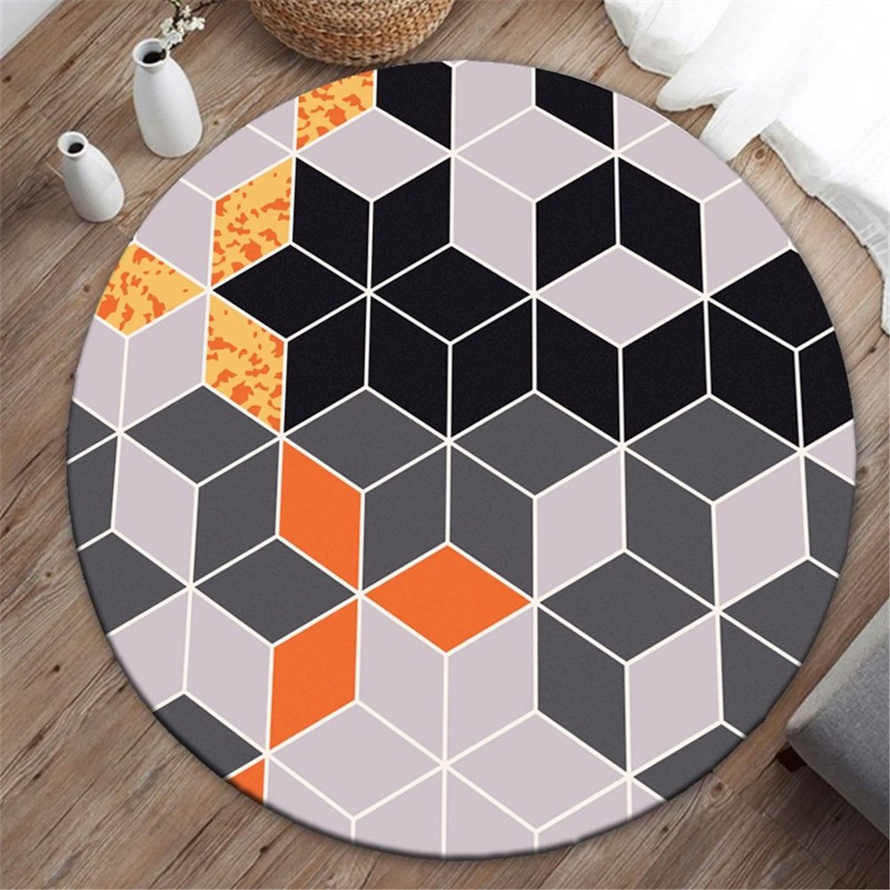 Highdi Modern Geometric Round Rug, Non-Slip, Washable, Marble Pattern, Orange Square, 100 cm