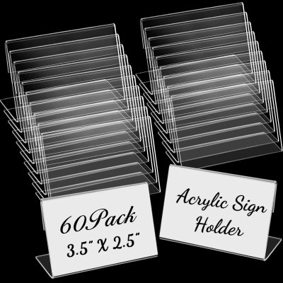 Vicenpal 8.9 x 6.3 cm Clear Acrylic Sign Holders, Slanted-Back L-Shaped Display Stands, Horizontal, 100-Pack