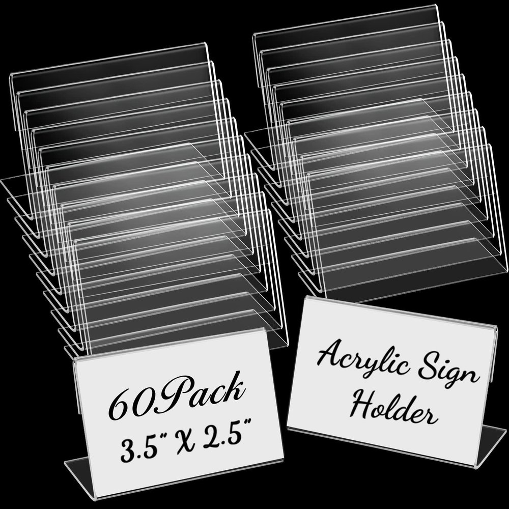 Vicenpal 8.9 x 6.3 cm Clear Acrylic Sign Holders, Slanted-Back L-Shaped Display Stands, Horizontal, 100-Pack