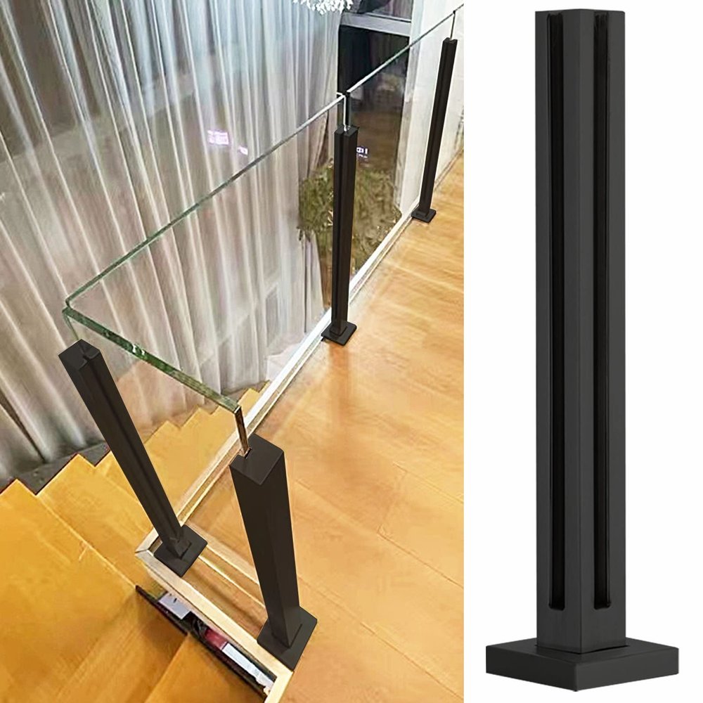 Black Square Glass Railing Corner Post, 304 Stainless Steel, H-80 cm/31.5 in