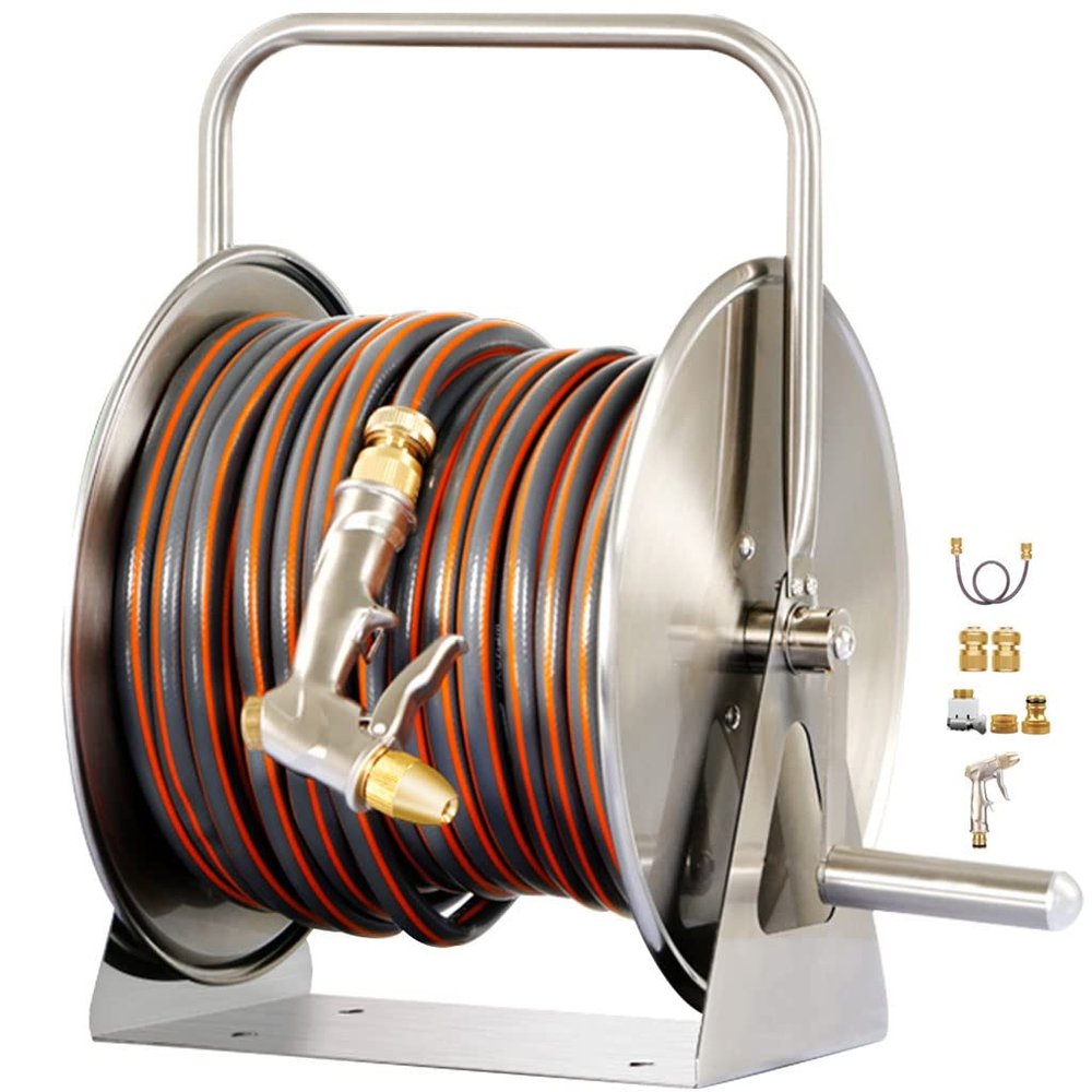 Heavy-Duty Stainless Steel Garden Hose Reel Cart Set, Silver (S: Hose Reel+)