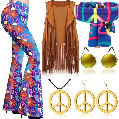 Haull 7-Piece Hippie Costume Set for Women, 1960s and 1970s Boho Outfit, Flared Pants, Fringe Vest, Peace Sign Accessories, Multicolor, S