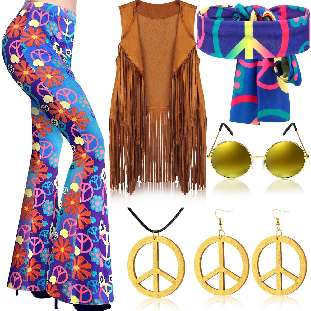Haull 7-Piece Hippie Costume Set for Women, 1960s and 1970s Boho Outfit, Flared Pants, Fringe Vest, Peace Sign Accessories, Multicolor, S