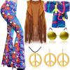 Haull 7-Piece Hippie Costume Set for Women, 1960s and 1970s Boho Outfit, Flared Pants, Fringe Vest, Peace Sign Accessories, Multicolor, S view 1