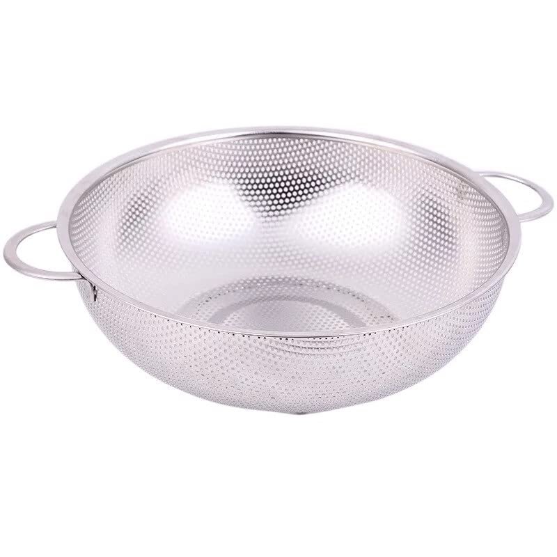 DSAINT Stainless Steel Round-Hole Basket Fruit Drain Rice Grid Strainer Food Basket Cleaning Kitchen Clips (Color: 34.5 cm, One Ear)