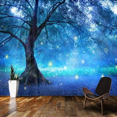 3D Photo Wallpaper for Bedroom and Living Room, Fireflies Among Blue Fantasy Trees, Self-Adhesive Removable Wall Mural, 400 x 280 cm