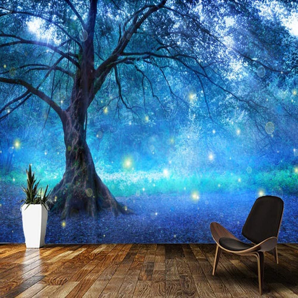 3D Photo Wallpaper for Bedroom and Living Room, Fireflies Among Blue Fantasy Trees, Self-Adhesive Removable Wall Mural, 400 x 280 cm
