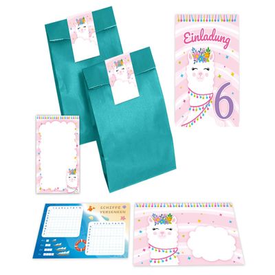12 Llama Invitations for a Girl’s 6th Birthday, with Envelopes, Party Bags, Stickers, Notepads & Battleship Game