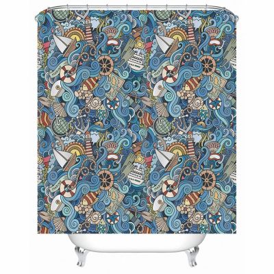 Stfery Blue Textile Shower Curtain, Nautical Oar & Lifebuoy Design, 90 x 180 cm