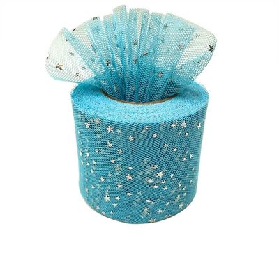 CaiiBtntgb Foil Star Tulle Roll, Handmade DIY Hair Accessories, Silver Stars, 5.8 cm x 22.8 cm, Tiffany Blue