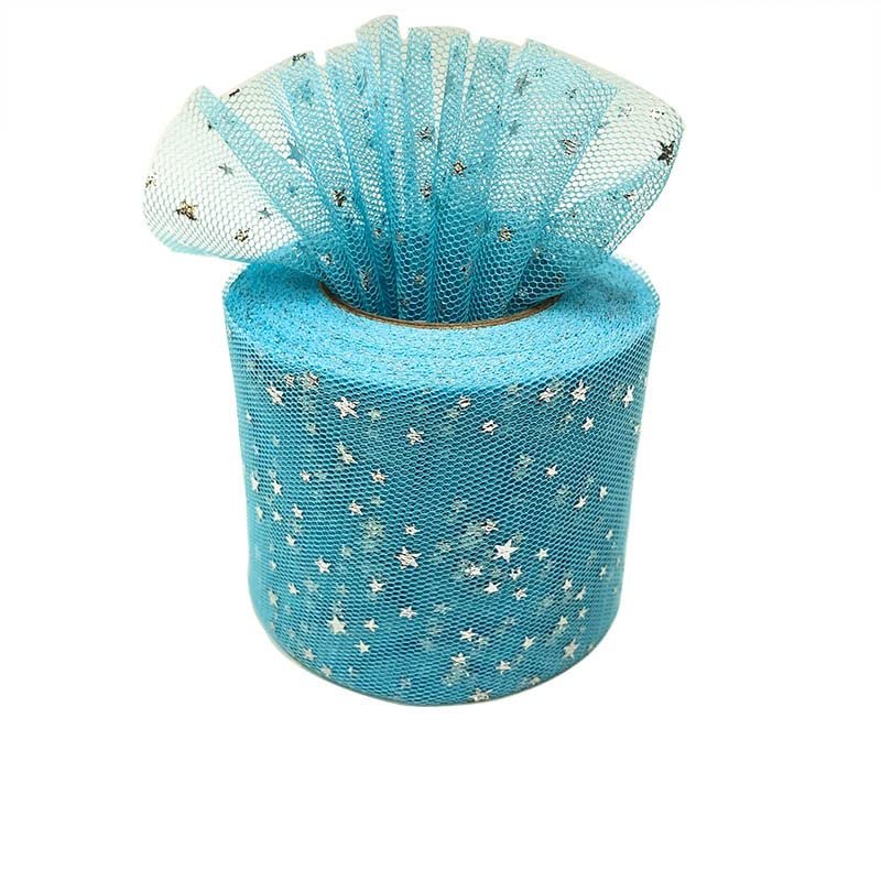 CaiiBtntgb Foil Star Tulle Roll, Handmade DIY Hair Accessories, Silver Stars, 5.8 cm x 22.8 cm, Tiffany Blue