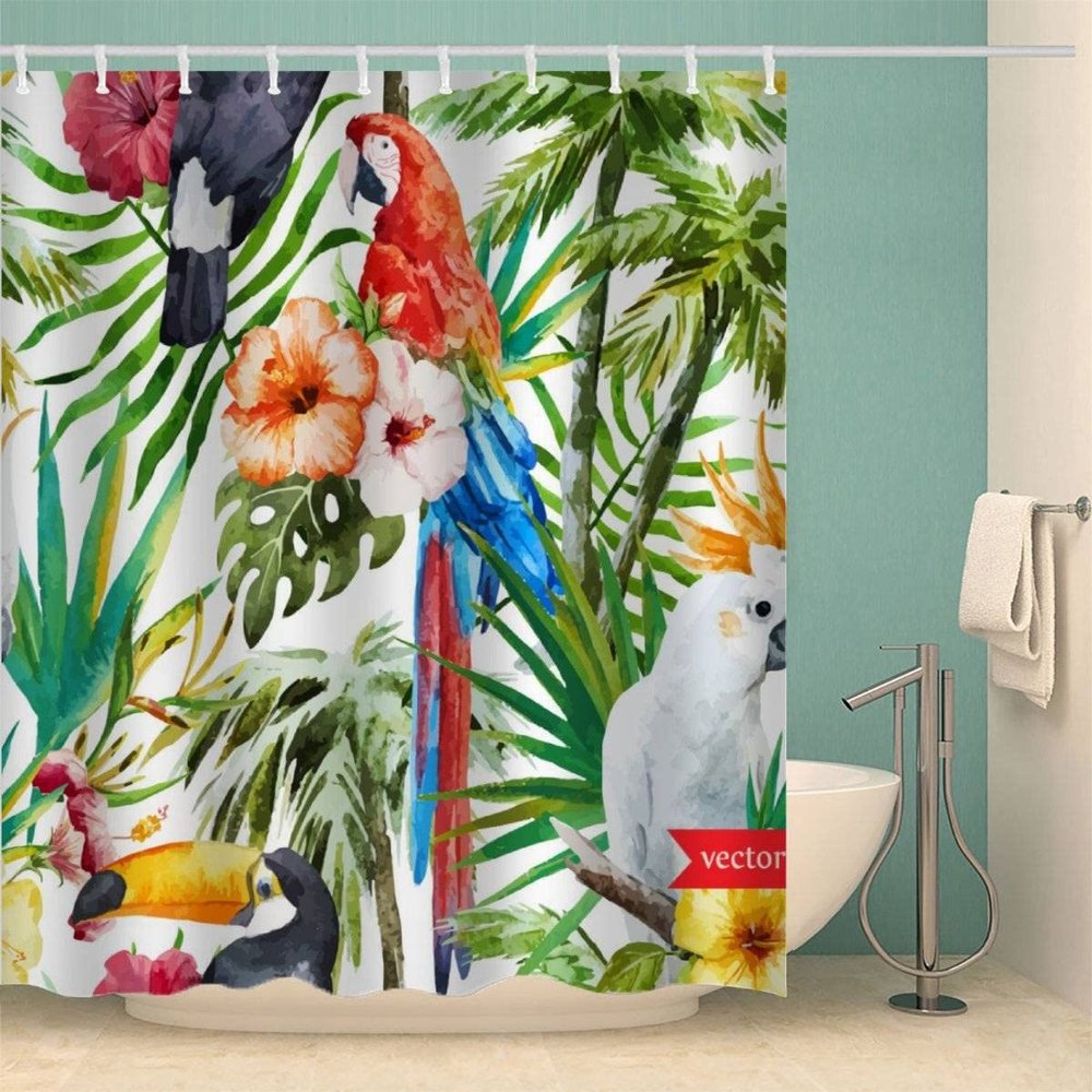 AASIRA Shower Curtain 240 x 200 cm, Jungle Palm Leaves, Toucan 3D Design