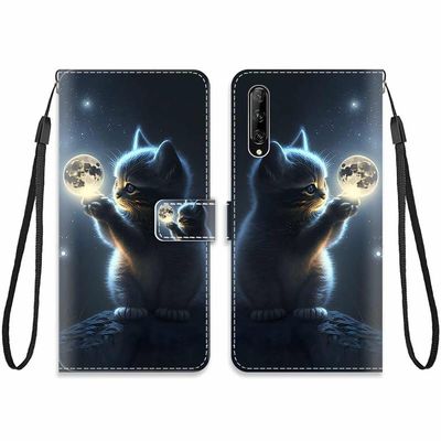 KARTXITAI Wallet Case Compatible with Huawei P Smart Pro, Moon Cat Sky and Stars
