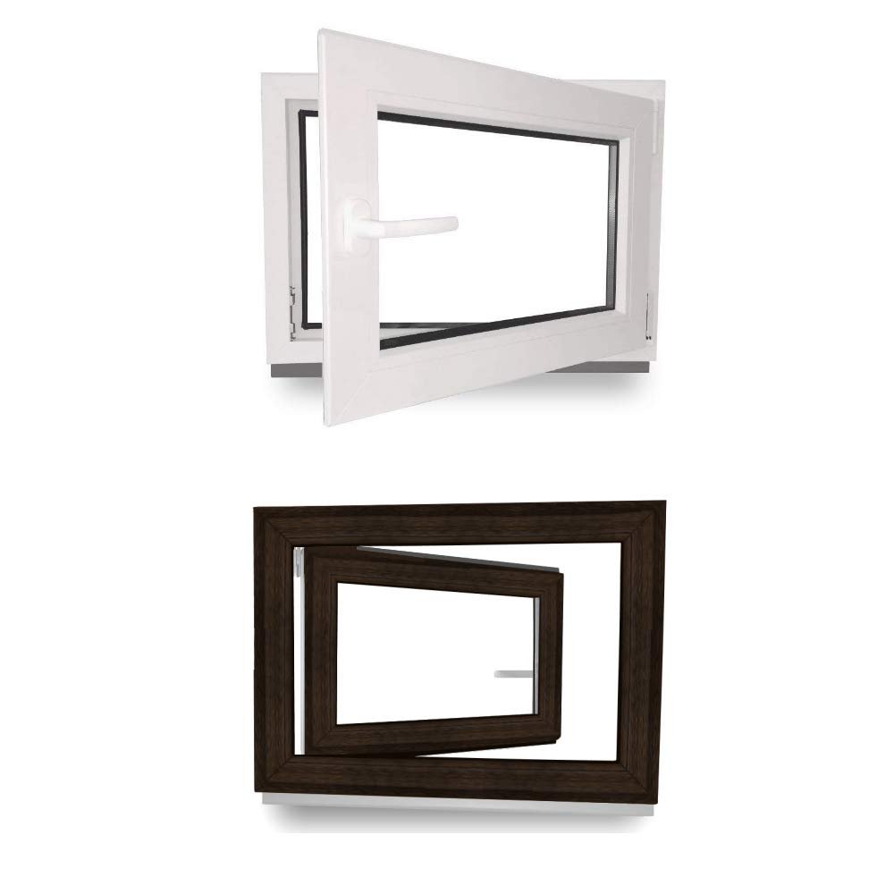 Basement Window, PVC, Triple Glazing, White Inside/Dark Oak Outside, 550 x 950 mm, DIN Right-Hand