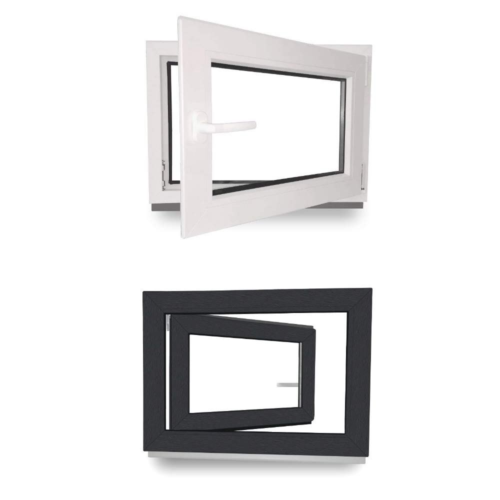Basement Window - uPVC Window - Triple Glazing - White Inside/Anthracite Outside - W x H: 750 x 400 mm - DIN Right-Hand