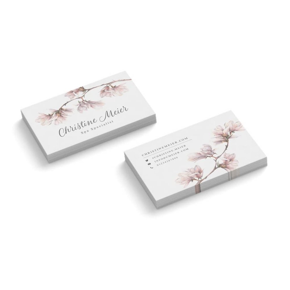 Custom Business Cards | Spa Specialist | Double-Sided | Landscape | Quantity, Color & Paper Options | 350 gsm | Magnolia Flower (White) | 50 pcs