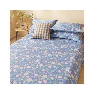 100% Cotton Flat Sheet, No Elastic, Striped Geometric Floral Print, Blue F, 200 x 230 cm (78 x 90 in)