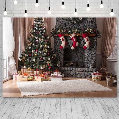 Merry Christmas Tree Backdrop with Winter Fireplace, Gifts and Stockings, 300 x 200 cm