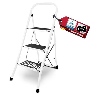 siwitec Folding Step Ladder with Handrail, 3 Steps, Steel, 150 kg, White