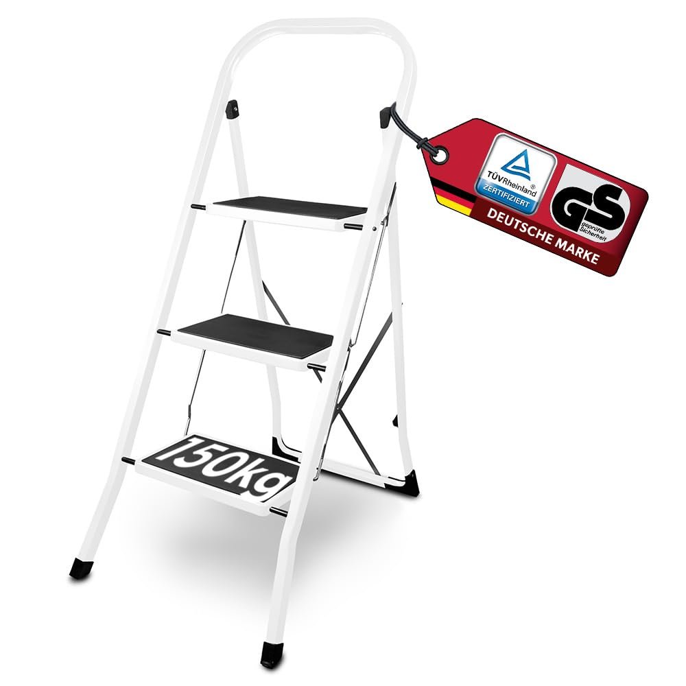 siwitec Folding Step Ladder with Handrail, 3 Steps, Steel, 150 kg, White