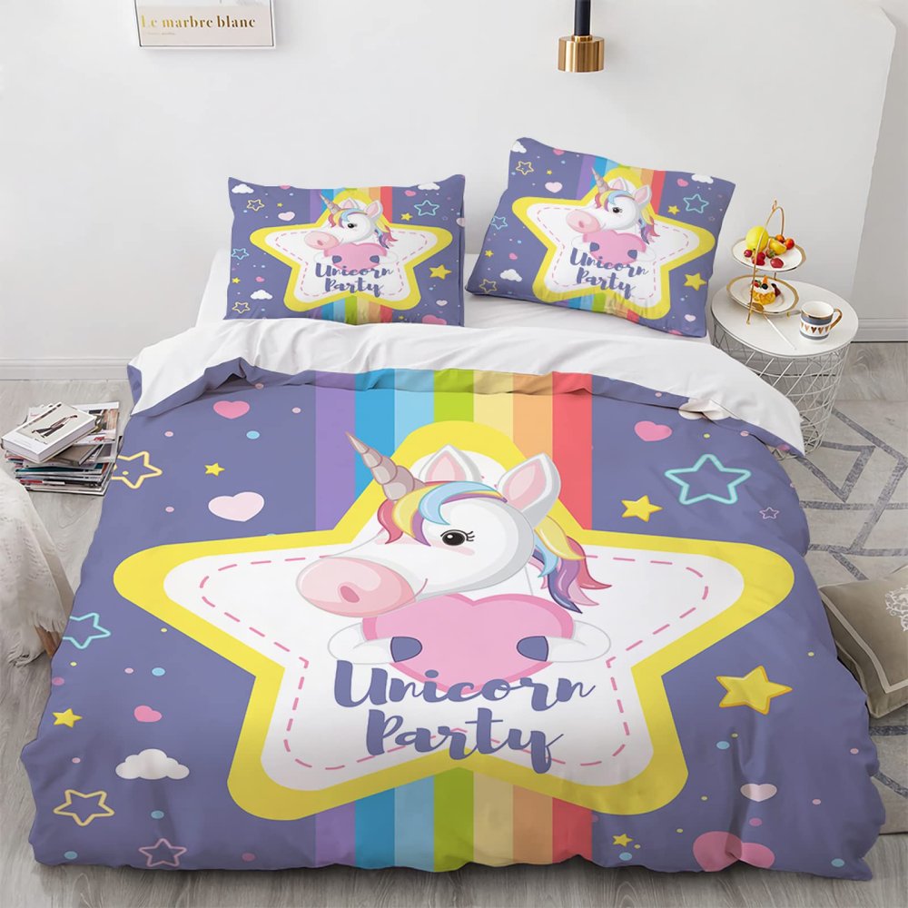 YURKO Polyester-Cotton Unicorn Duvet Cover Set, 155 x 220 cm, No-Iron Summer Bedding, with 2 Pillowcases, 80 x 80 cm