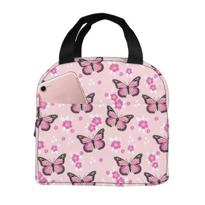 Lsjuee Monarch Butterfly Spring Floral Design Lunch Bag, Reusable Lunchbox, Insulated Cooler Bag, Multifunctional School Lunch Container for Teens, Boys and Girls