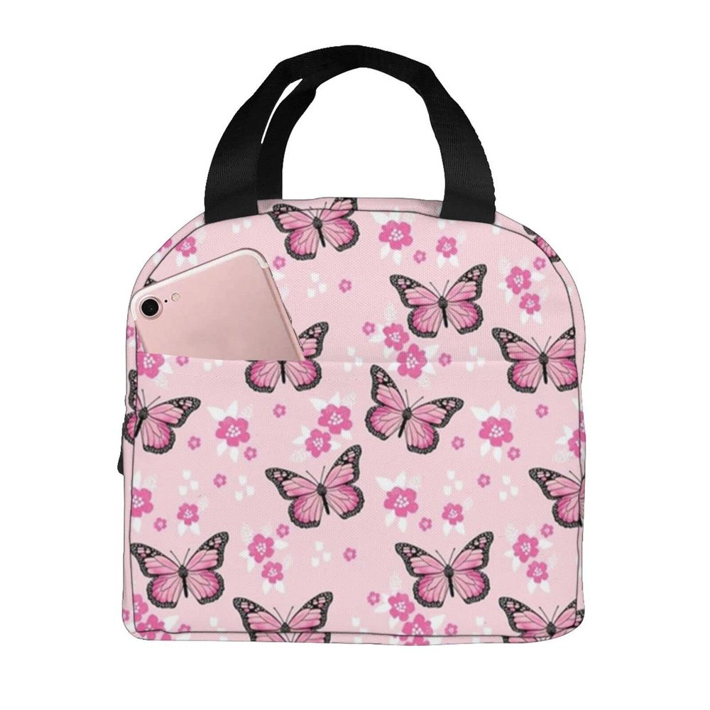 Lsjuee Monarch Butterfly Spring Floral Design Lunch Bag, Reusable Lunchbox, Insulated Cooler Bag, Multifunctional School Lunch Container for Teens, Boys and Girls
