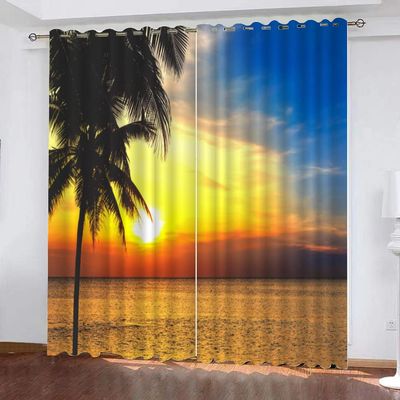 LUDSOL Calm Sea Blackout Thermal Curtains, Evening Sun 3D Print, 2-Piece Set, 245 x 140 cm