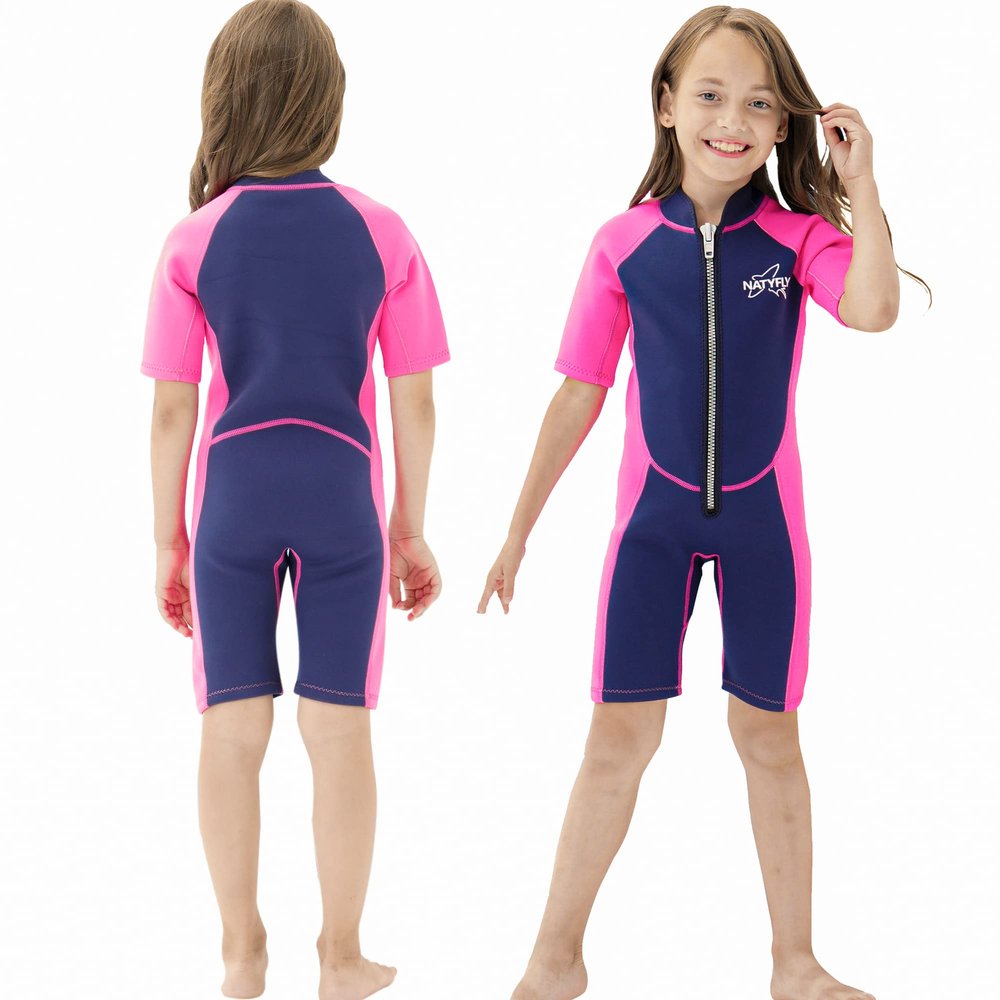 NATYFLY Kids' 2.5 mm Shorty Neoprene Wetsuit, Thermal One-Piece with UV Protection, Pink, Age 12