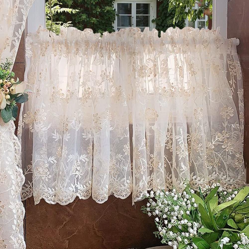 DIBAKO Kitchen Curtain, Short Bistro Sheer Curtain, Beige, 250 x 60 cm