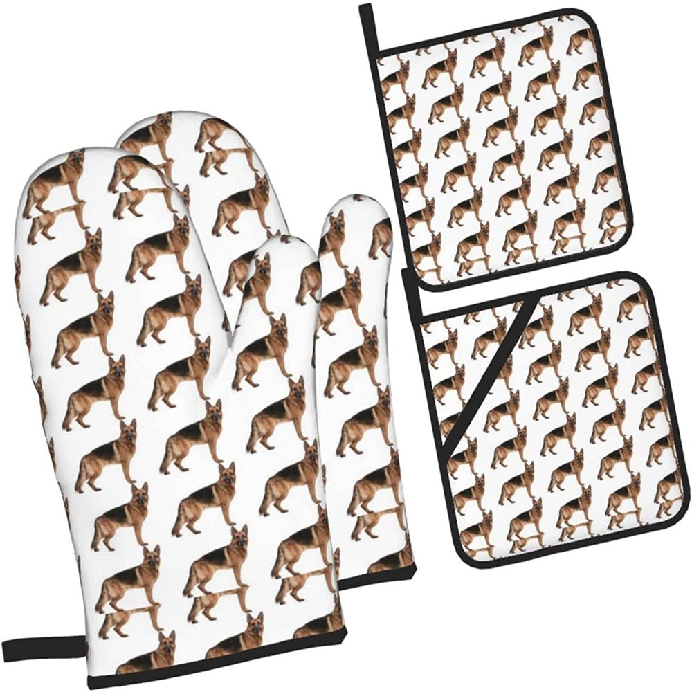 4-Piece German Shepherd Oven Mitt and Potholder Set, Non-Slip, Heat-Resistant