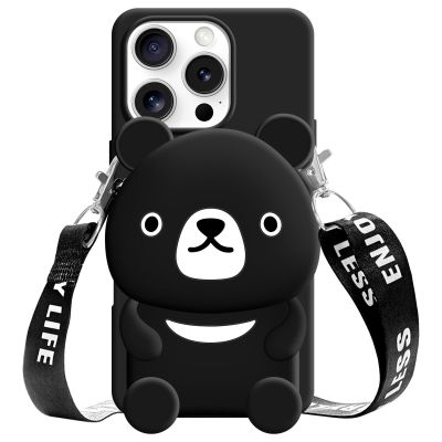 SGVAHY Case for iPhone 12/12 Pro with Crossbody Strap, Cute Bear, Black, Coin Purse, Kawaii Soft Silicone
