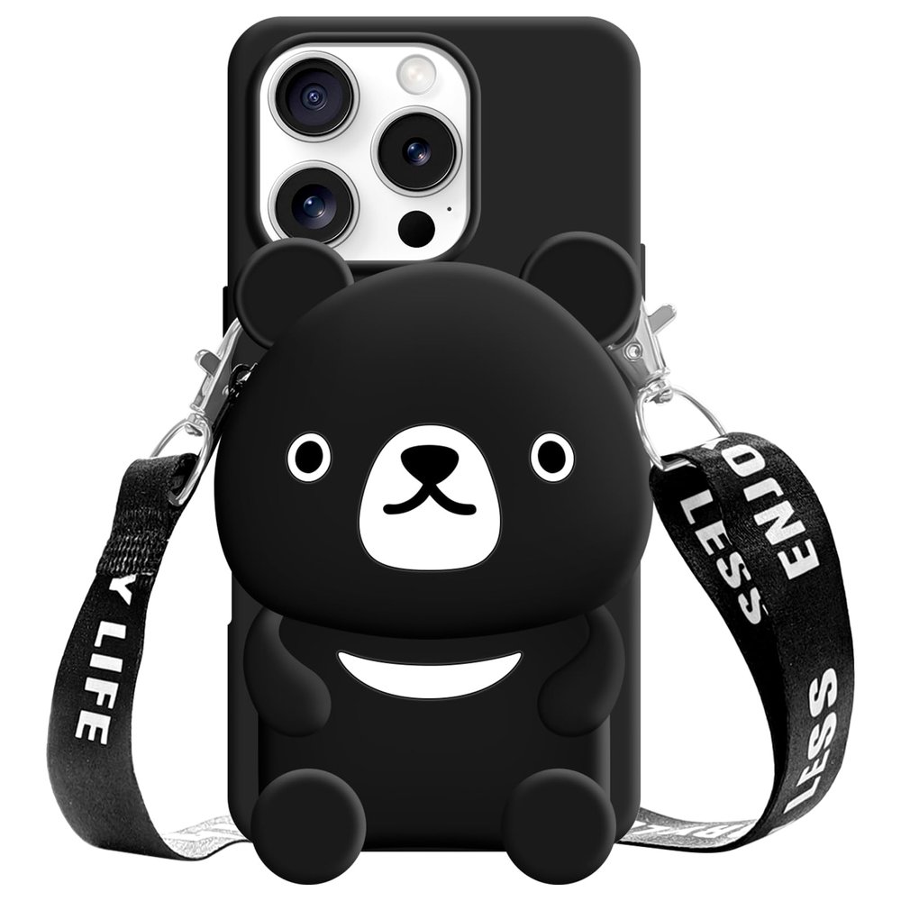 SGVAHY Case for iPhone 12/12 Pro with Crossbody Strap, Cute Bear, Black, Coin Purse, Kawaii Soft Silicone