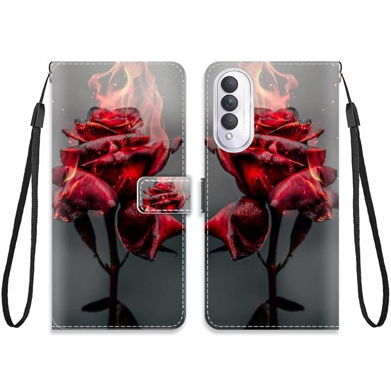 KARTXITAI Wallet Flip Case Compatible with Honor X20 SE, Red Roses and Fire