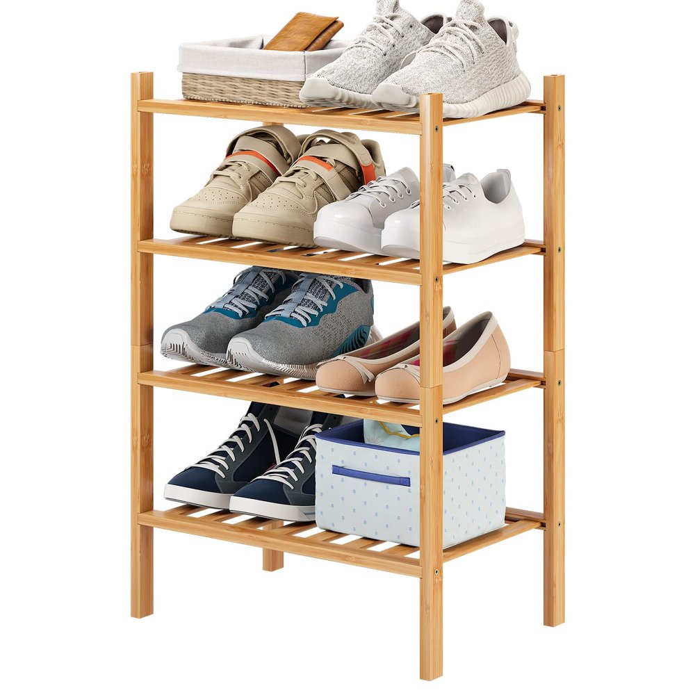 Furshus Small Bamboo Shoe Rack for Entryway, Stackable, Freestanding, 4-Tier, Natural