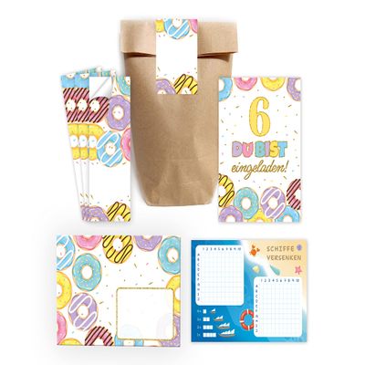 Minkocards 12 Donut Invitations for a 6th Birthday with Envelopes, Party Bags, Stickers & Battleship Games