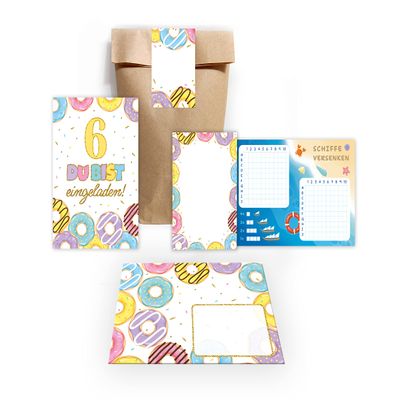 12 Donut-Themed 6th Birthday Invitations for Girls and Boys with Envelopes, Party Bags, Stickers, Notepads and Battleship Game