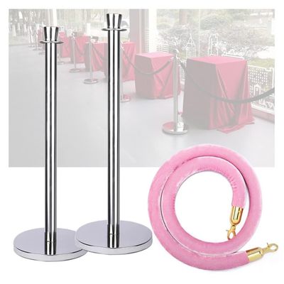 Crowd Control Stanchion Set of 3 with Velvet Rope for Hotels, Malls, Exhibitions & Weddings (Silver Poles, Pink Rope)