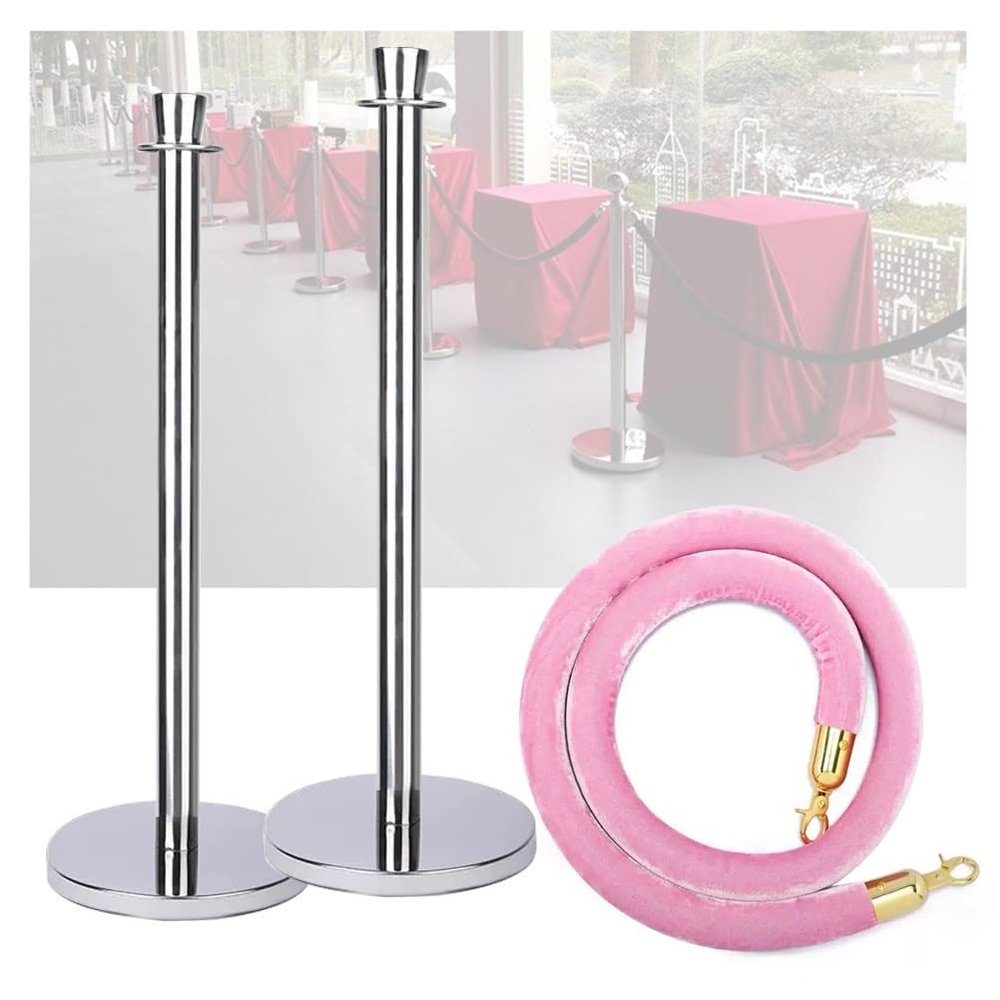 Crowd Control Stanchion Set of 3 with Velvet Rope for Hotels, Malls, Exhibitions & Weddings (Silver Poles, Pink Rope)