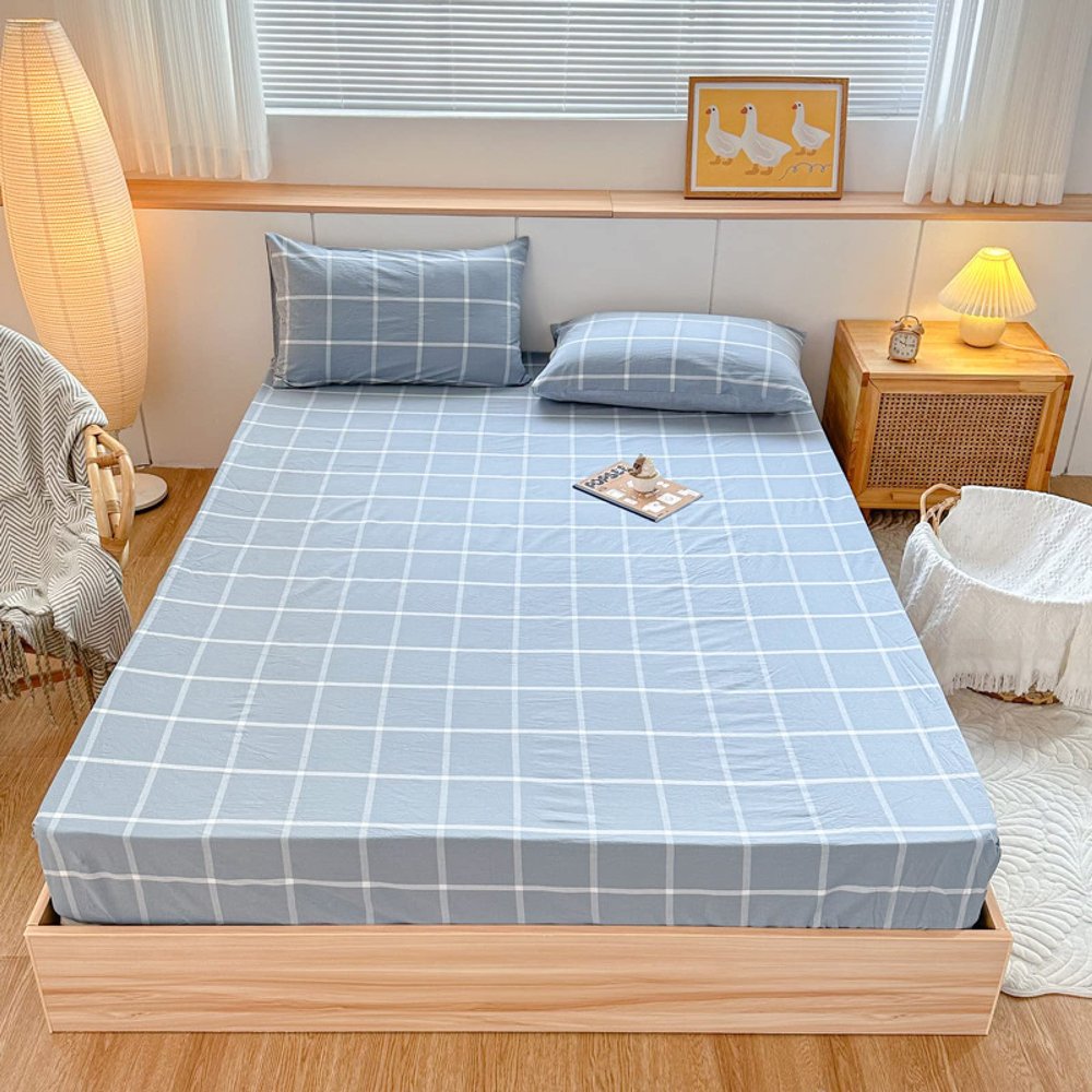 FCLDESHOP Pure Cotton Fitted Sheet for Box Spring Beds, Blue Checkered, 150 x 200 cm