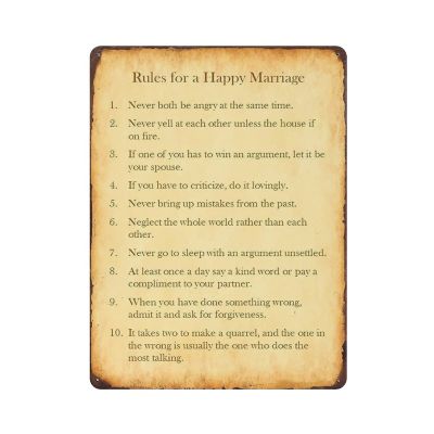 Rules for a Happy Marriage Vintage Metal Sign, 12" x 16"