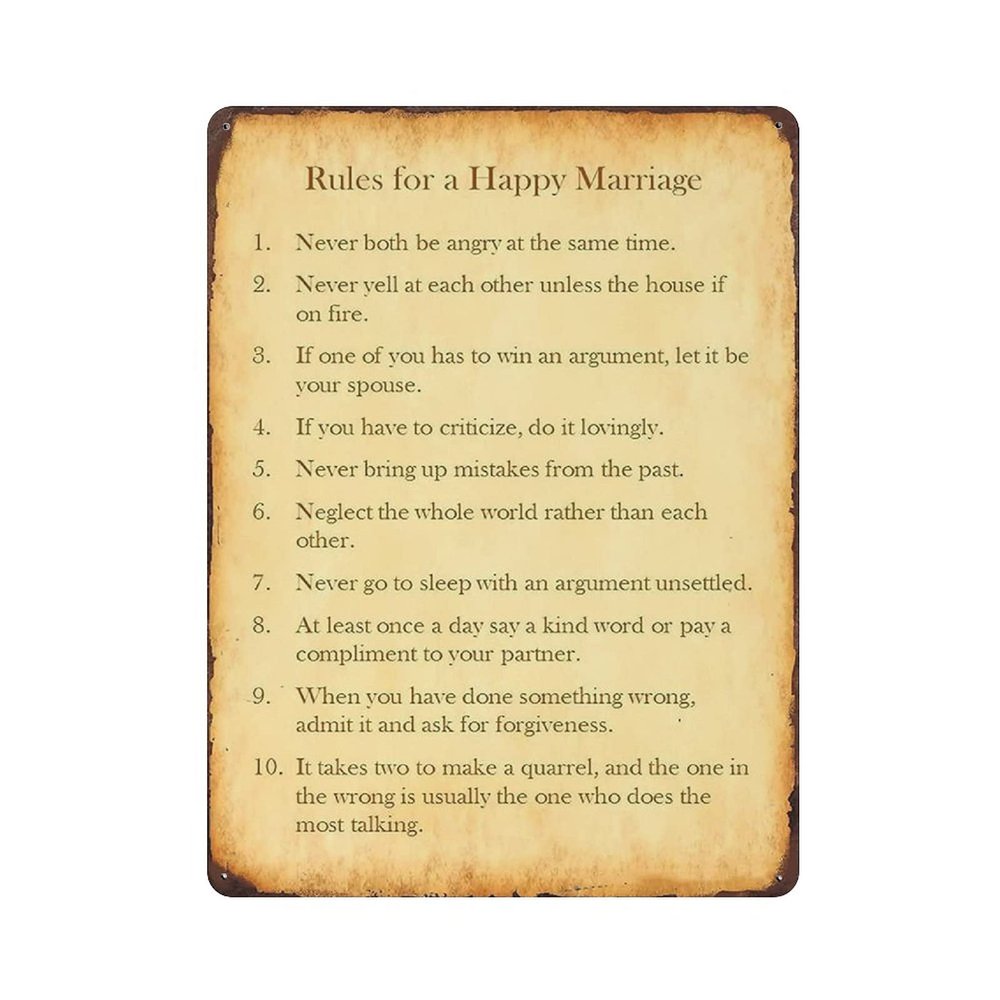 Rules for a Happy Marriage Vintage Metal Sign, 12" x 16"