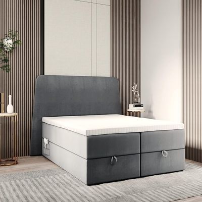 TRADA RONDA Box Spring Bed 160 x 200 cm with Storage Compartments and Topper, Gray