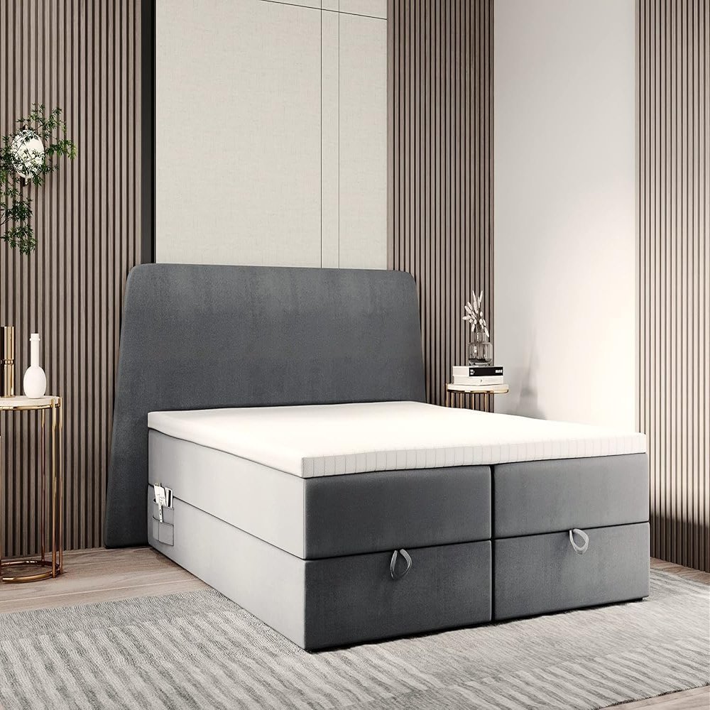 TRADA RONDA Box Spring Bed 160 x 200 cm with Storage Compartments and Topper, Gray