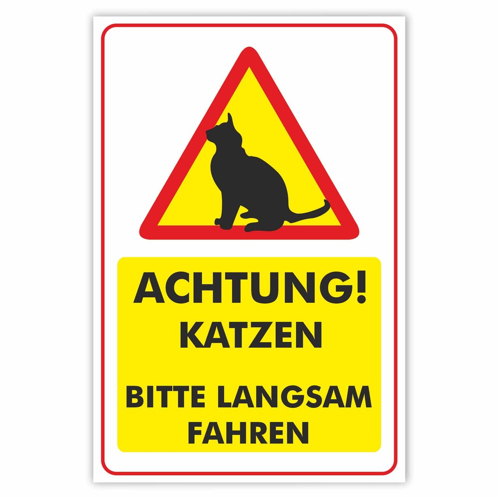 INDIGOS UG Sign, DIN A4, 297 x 210 mm, 70-Pack, “Attention! Cats—Please Drive Slowly,” Aluminum Composite Panel