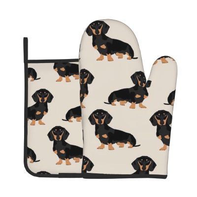 Heat-Resistant Oven Mitt and Pot Holder Set, 2-Piece, Dachshund Print, Non-Slip, Waterproof