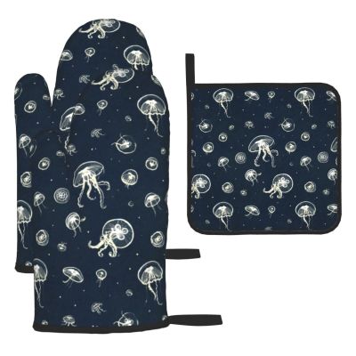 Heat-Resistant Oven Mitts and Pot Holders, 3-Piece Set, Jellyfish Print
