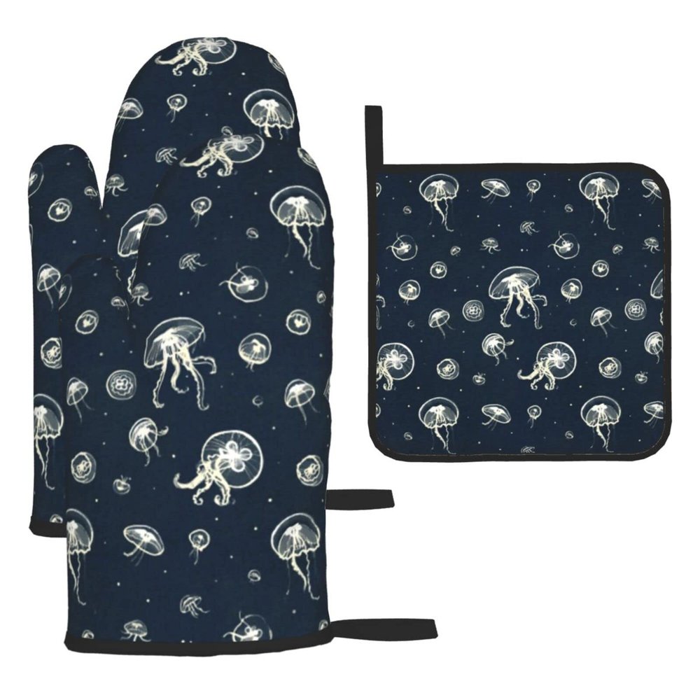Heat-Resistant Oven Mitts and Pot Holders, 3-Piece Set, Jellyfish Print