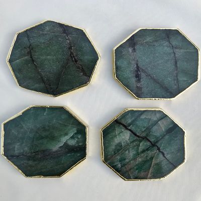 Octagonal Sage Green Agate Coasters, Set of 4, Gold Finish